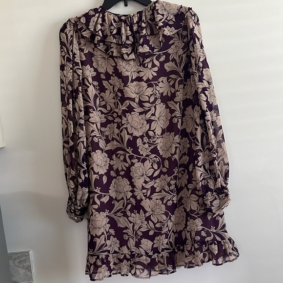 Zara Womens Sz M Purple And Tan Floral Chiffon Ruffle Mini Dress Long Sleeves - Picture 8 of 14